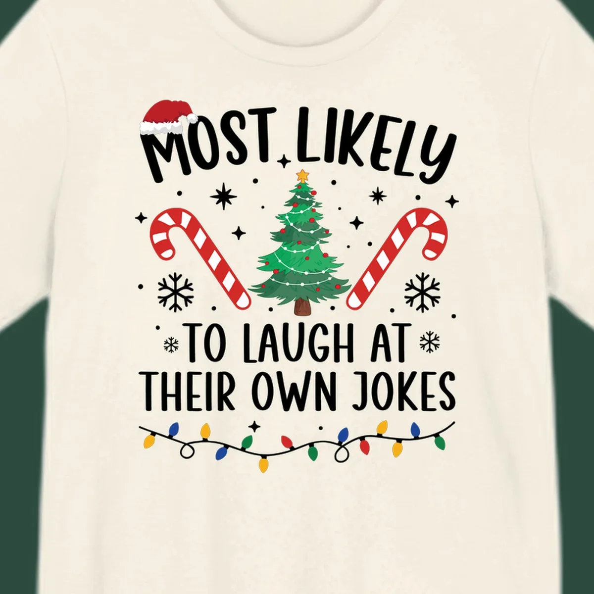 Most Likely To Laugh At Their Own Jokes Christmas design with text and festive elements.