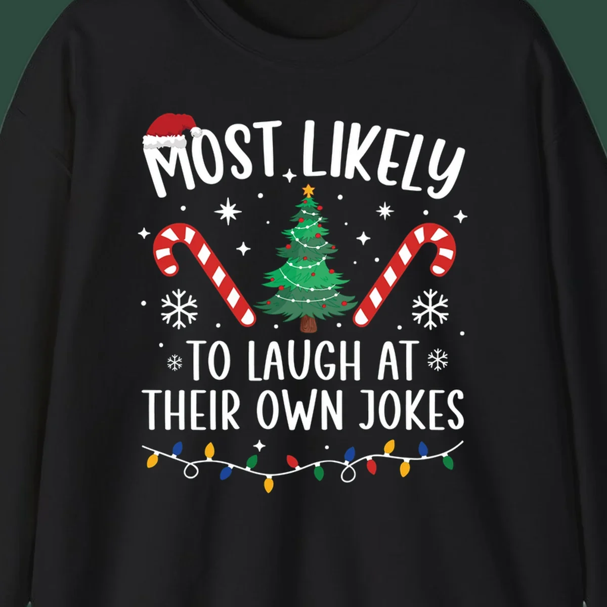 Most Likely To Laugh At Their Own Jokes Christmas design with text and festive elements.