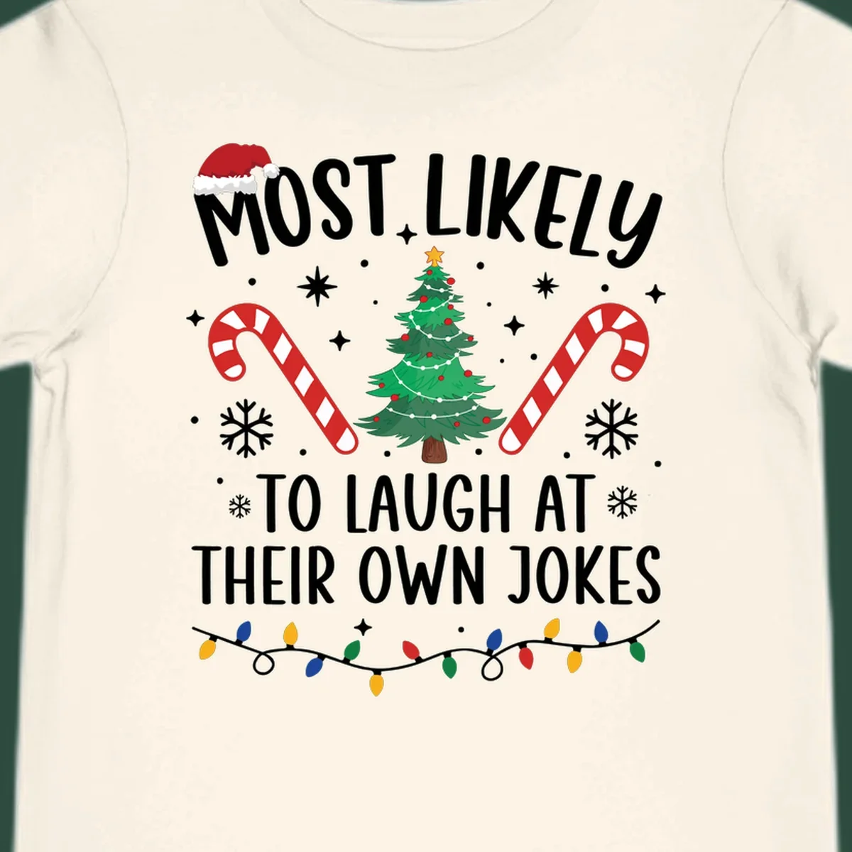 Most Likely To Laugh At Their Own Jokes Christmas design with text and festive elements.