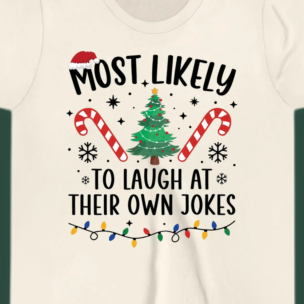 Most Likely To Laugh At Their Own Jokes Christmas design with text and festive elements.