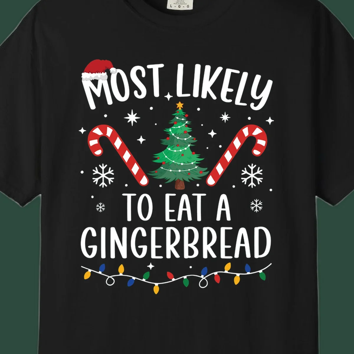 Most Likely To Eat A Gingerbread Christmas design with festive elements.
