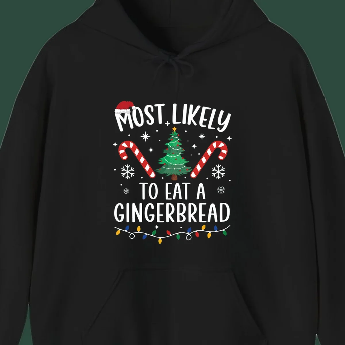 Most Likely To Eat A Gingerbread Christmas design with festive elements.