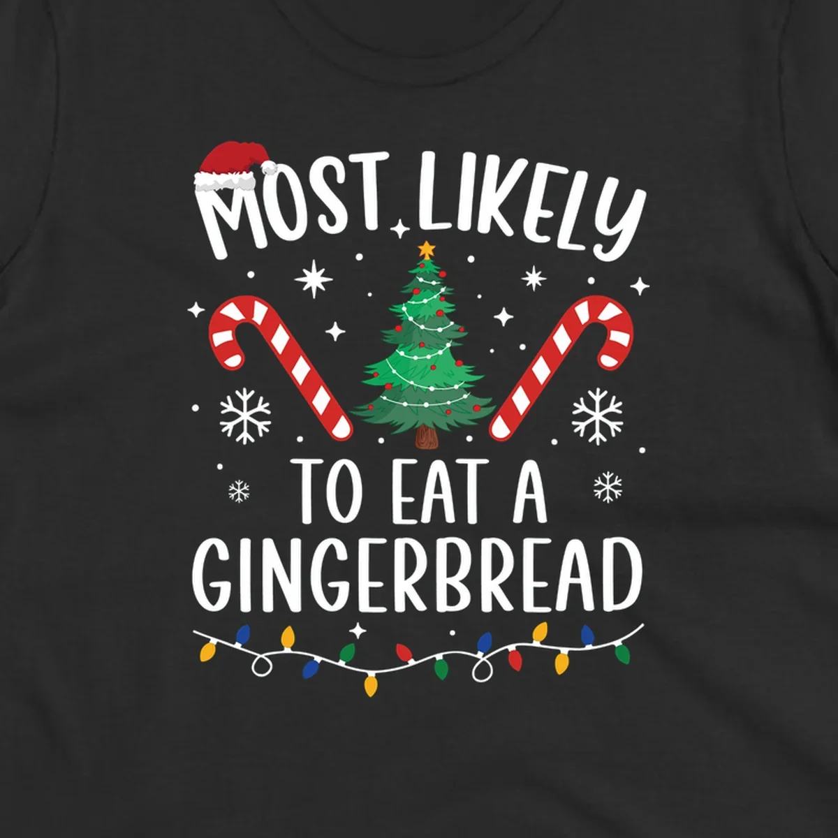 Most Likely To Eat A Gingerbread Christmas design with festive elements.