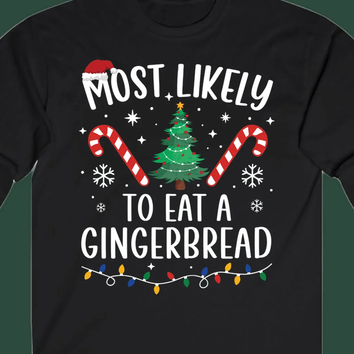 Most Likely To Eat A Gingerbread Christmas design with festive elements.