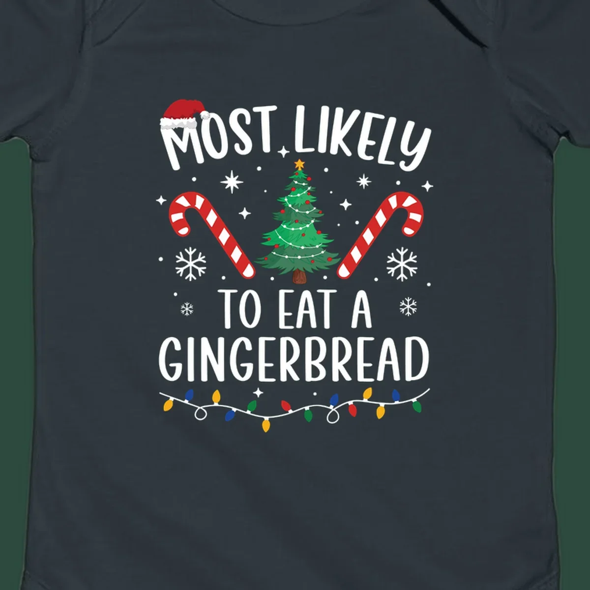 Most Likely To Eat A Gingerbread Christmas design with festive elements.