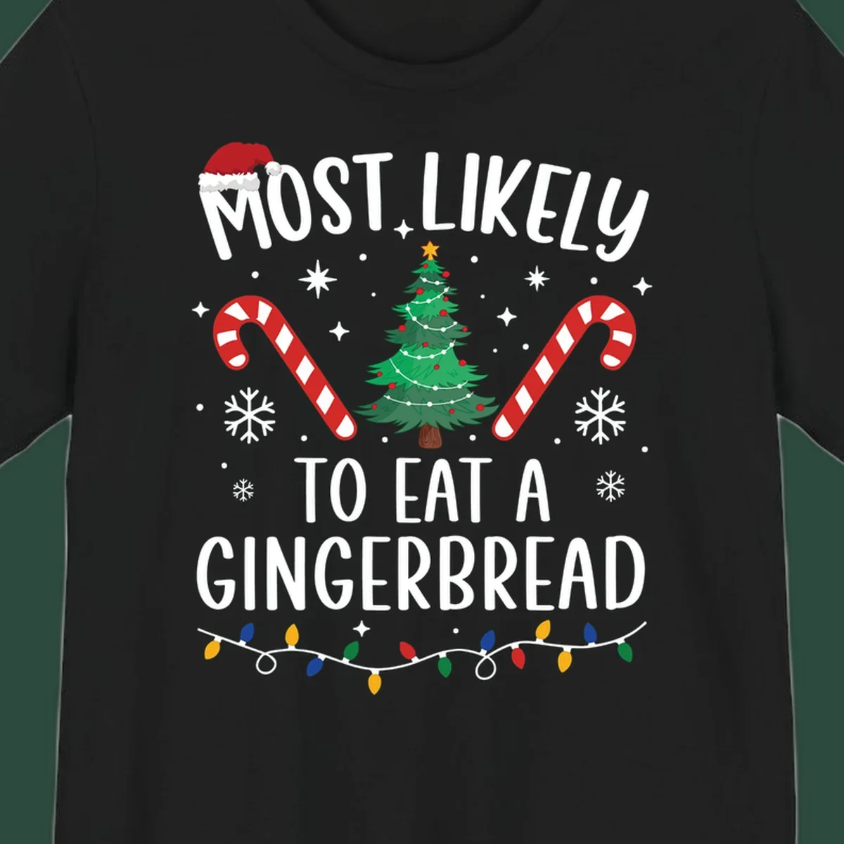 Most Likely To Eat A Gingerbread Christmas design with festive elements.