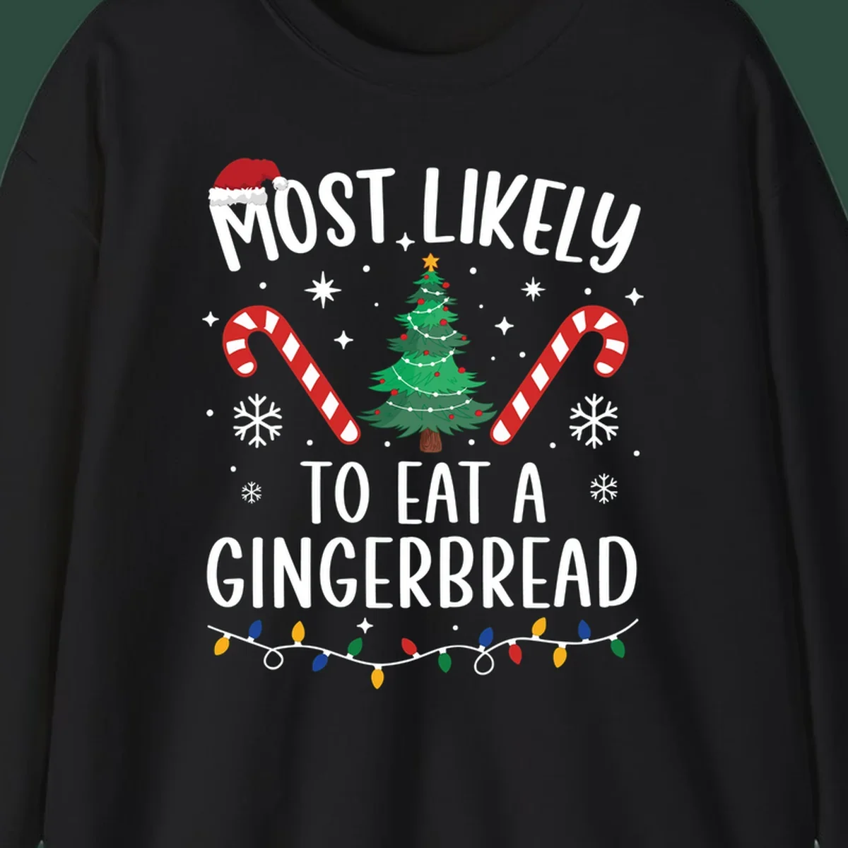 Most Likely To Eat A Gingerbread Christmas design with festive elements.