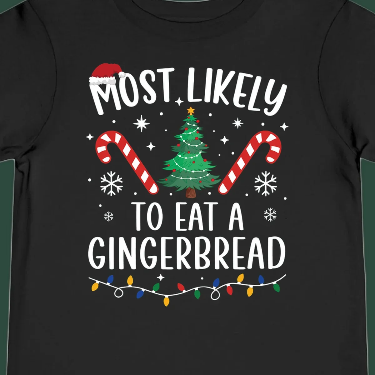 Most Likely To Eat A Gingerbread Christmas design with festive elements.
