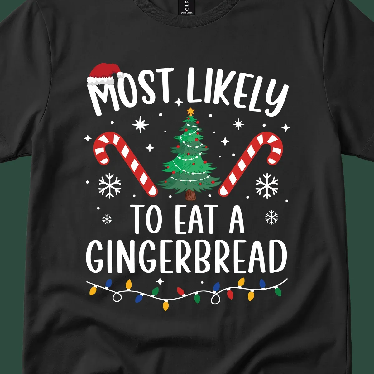 Most Likely To Eat A Gingerbread Christmas design with festive elements.