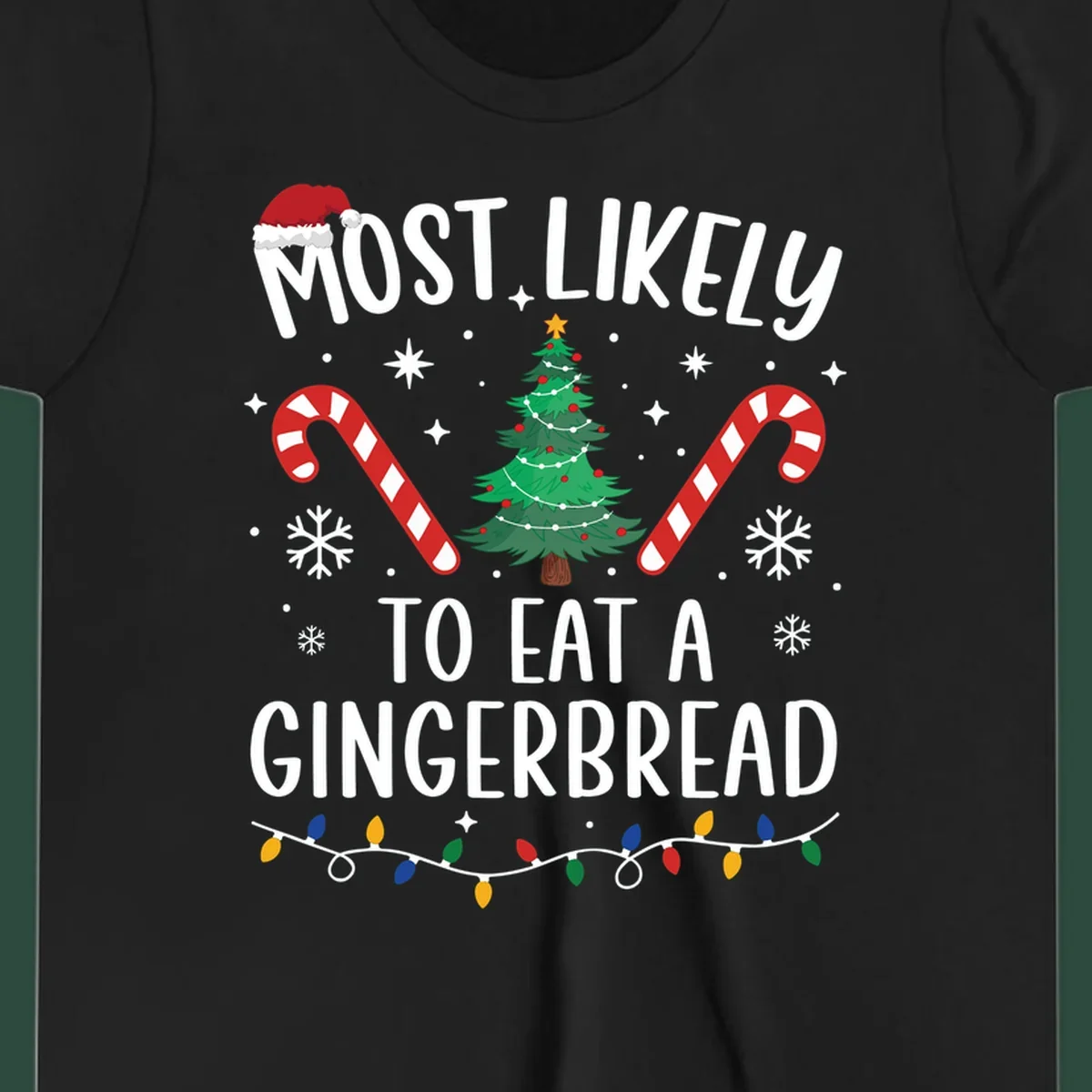 Most Likely To Eat A Gingerbread Christmas design with festive elements.
