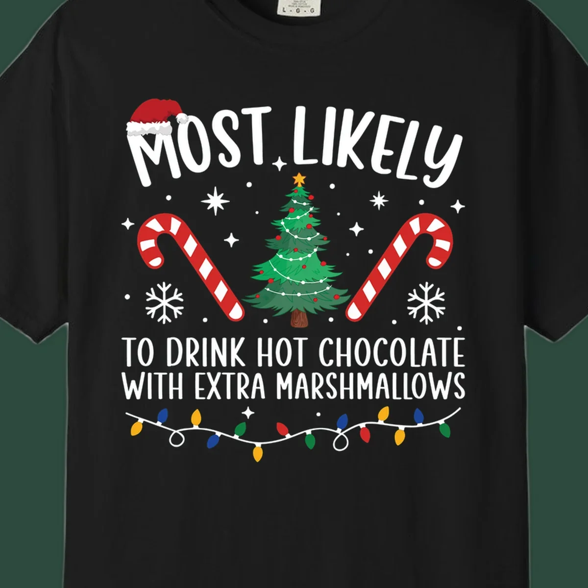 Hot chocolate christmas design with text, tree, candy canes, and Santa hat.