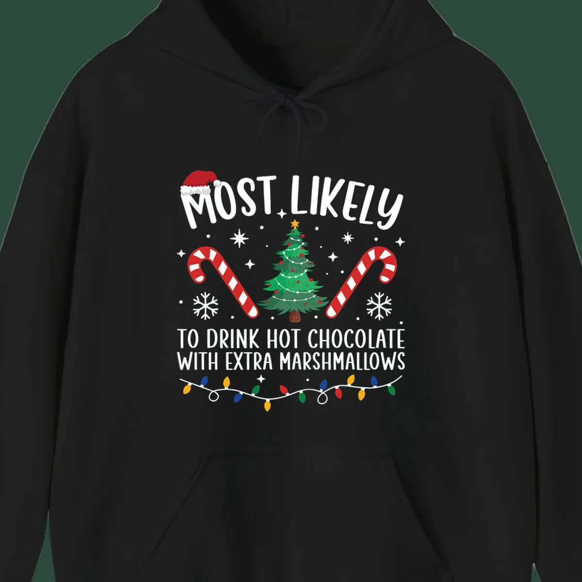 Hot chocolate christmas design with text, tree, candy canes, and Santa hat.