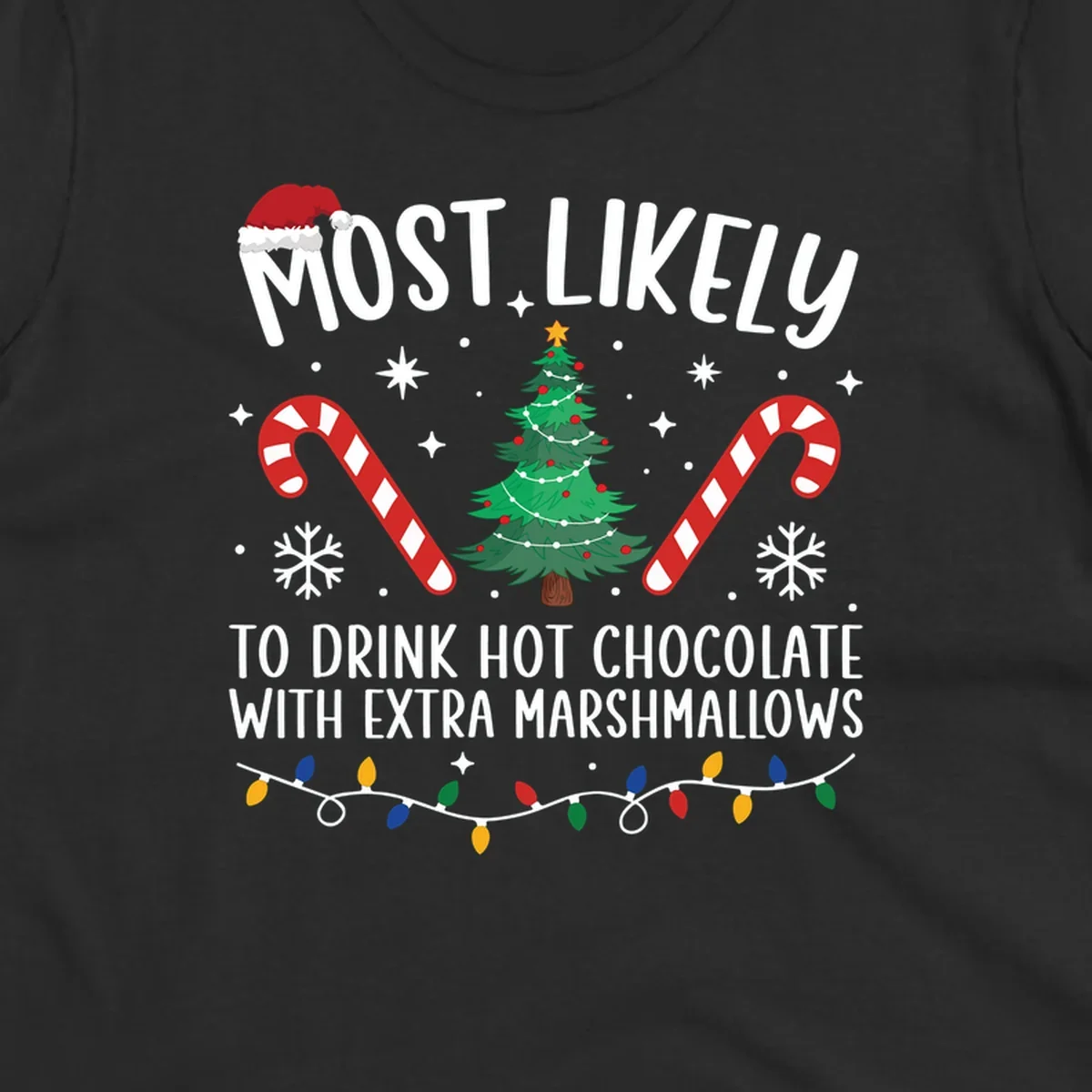Hot chocolate christmas design with text, tree, candy canes, and Santa hat.