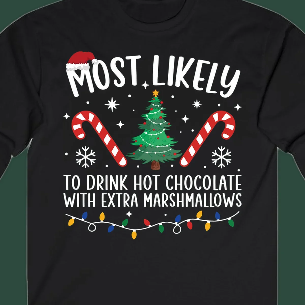 Hot chocolate christmas design with text, tree, candy canes, and Santa hat.