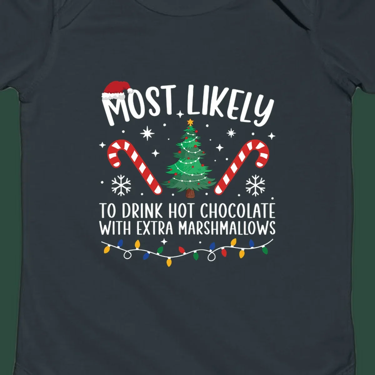 Hot chocolate christmas design with text, tree, candy canes, and Santa hat.