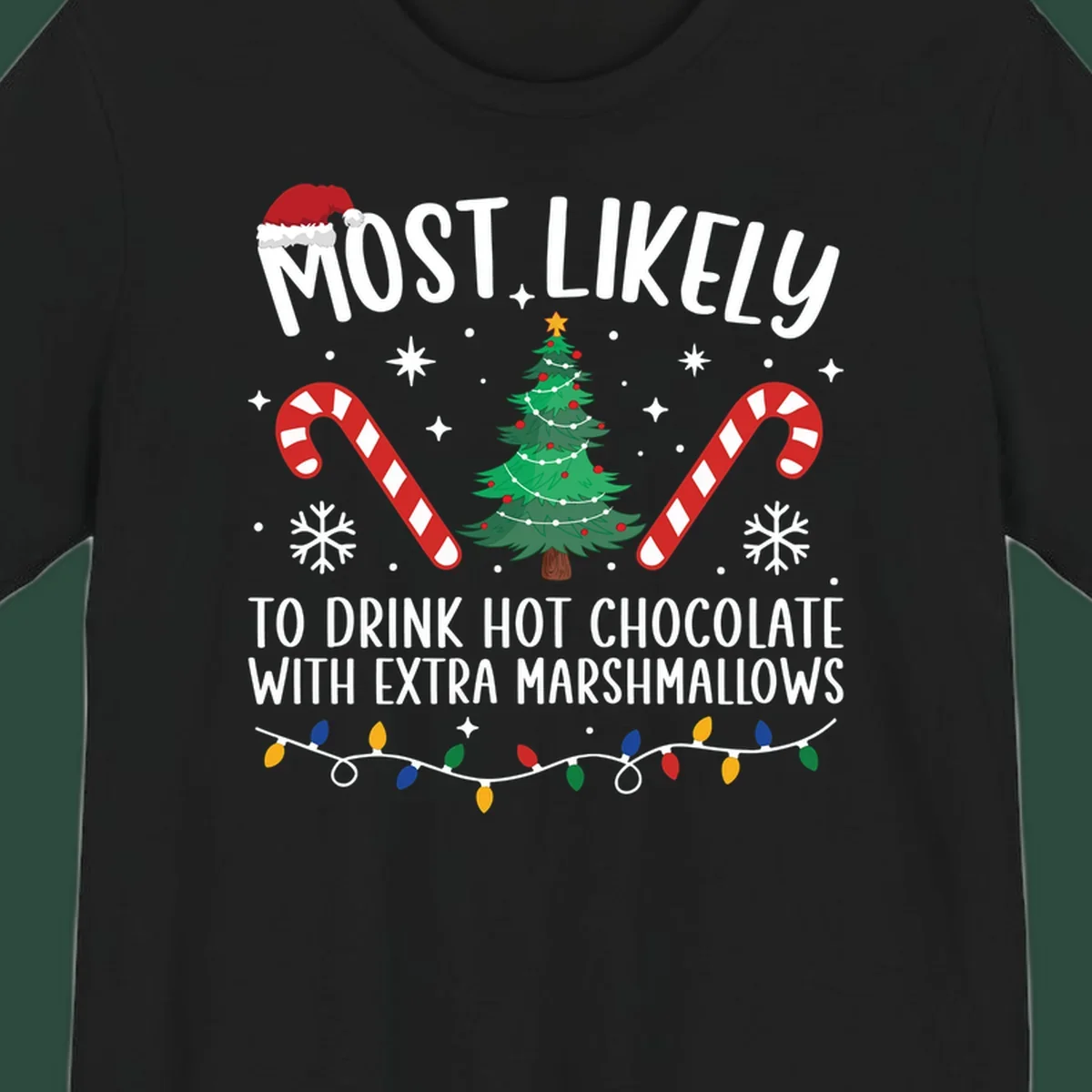 Hot chocolate christmas design with text, tree, candy canes, and Santa hat.