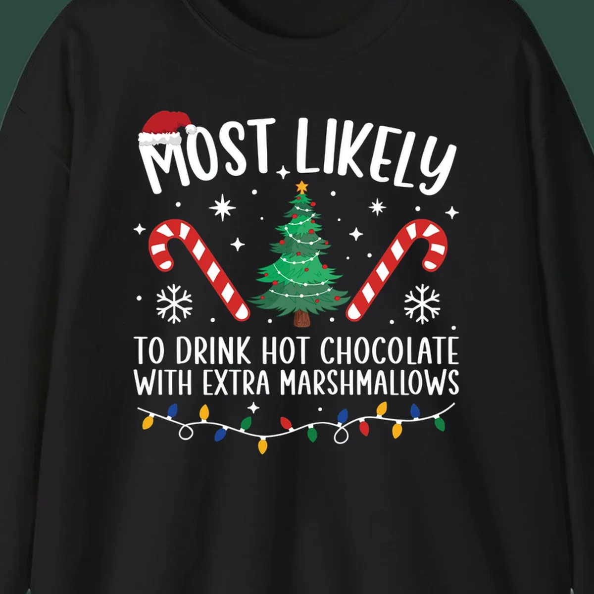 Hot chocolate christmas design with text, tree, candy canes, and Santa hat.