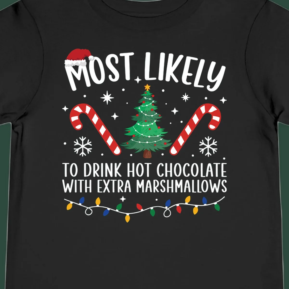 Hot chocolate christmas design with text, tree, candy canes, and Santa hat.