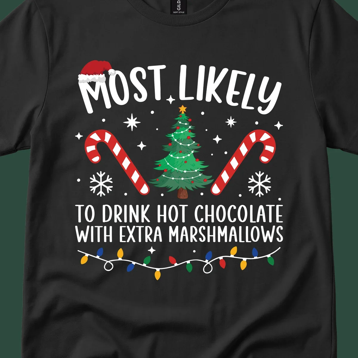 Hot chocolate christmas design with text, tree, candy canes, and Santa hat.