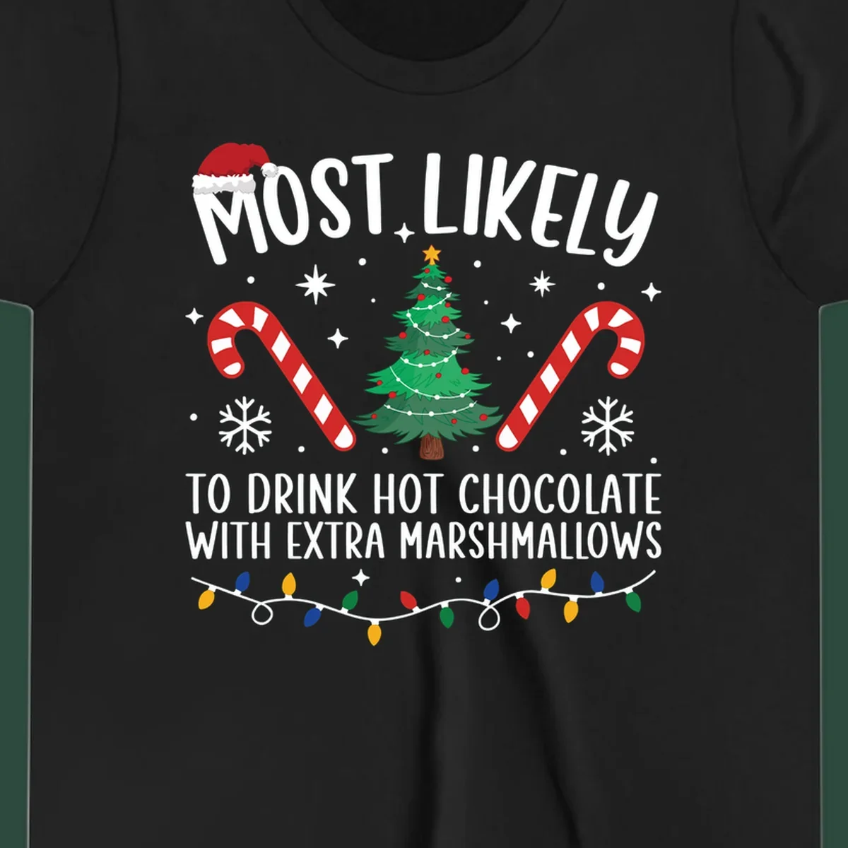 Hot chocolate christmas design with text, tree, candy canes, and Santa hat.