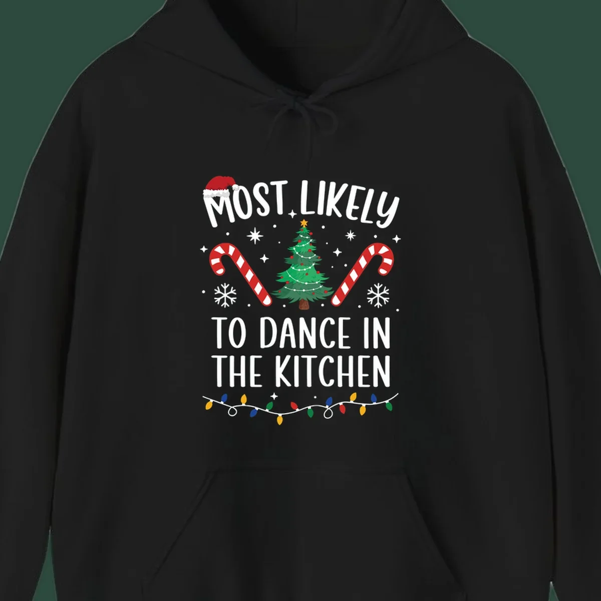 Most Likely To Dance In The Kitchen Christmas text with festive holiday graphics. christmas-design.