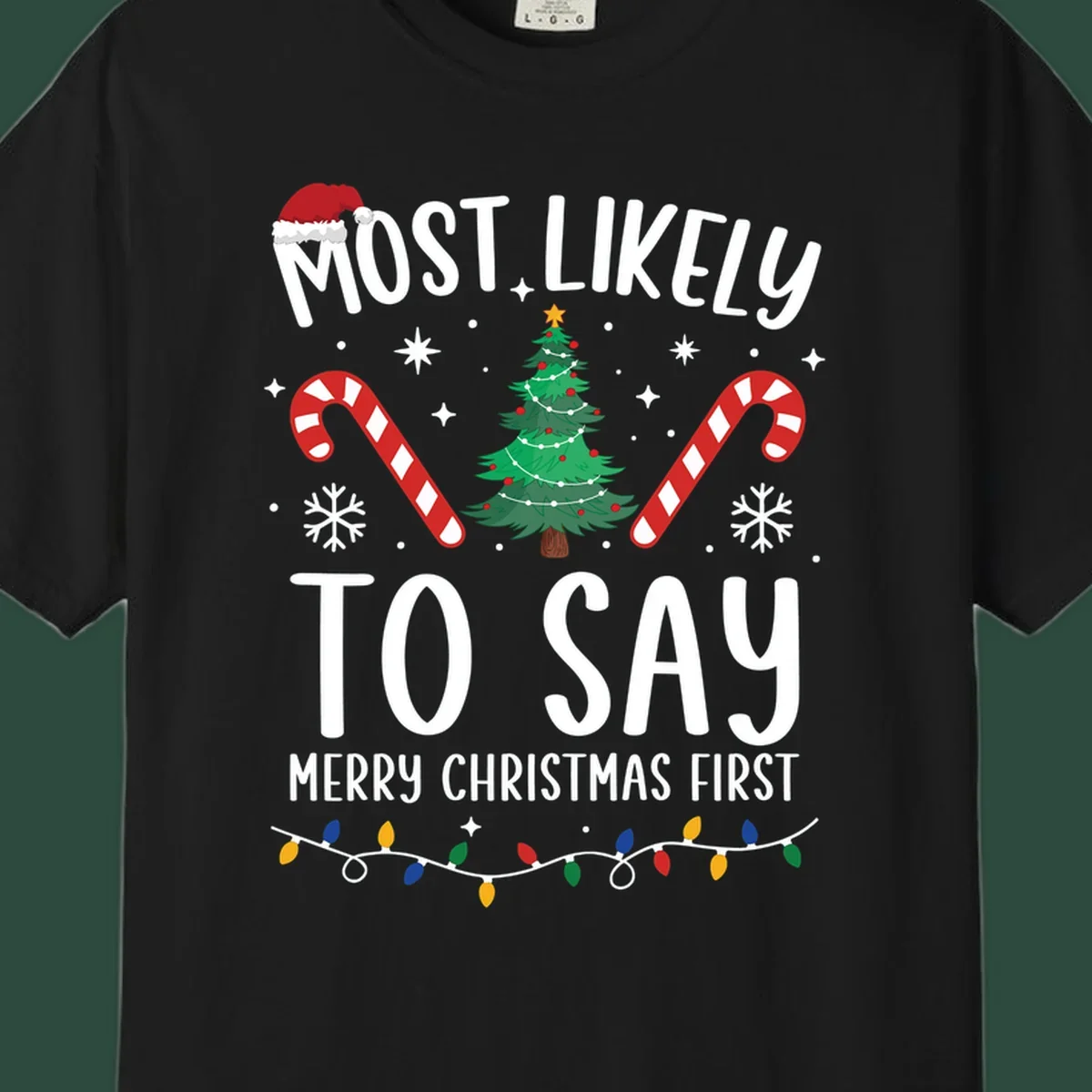 Most Likely To Say Merry Christmas First text with Christmas tree, candy canes, and Santa hat. Merry Christmas First keyword.