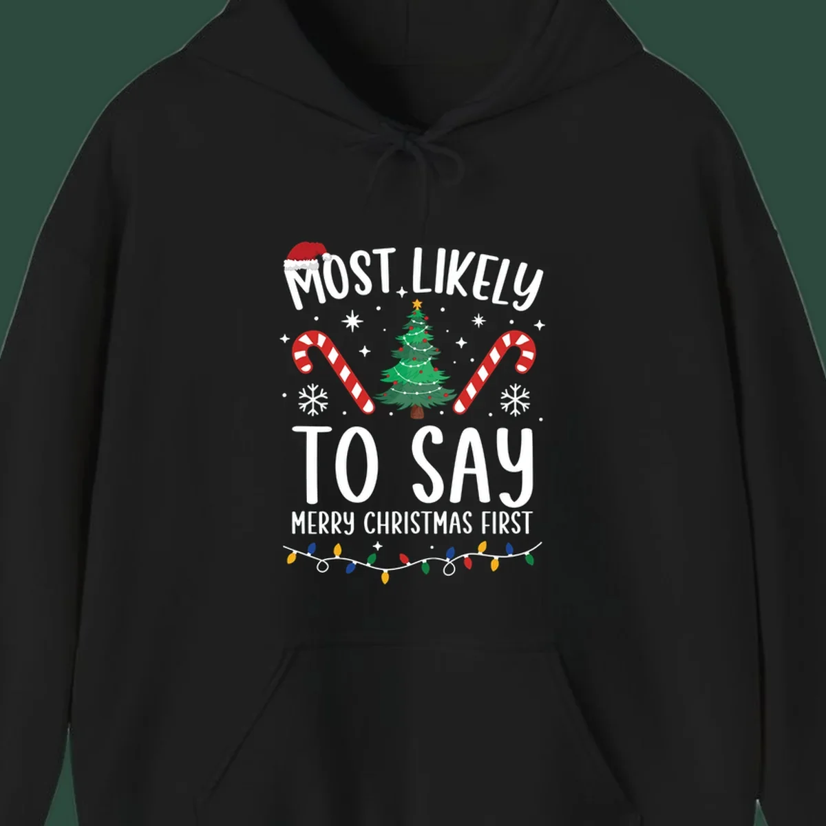 Most Likely To Say Merry Christmas First text with Christmas tree, candy canes, and Santa hat. Merry Christmas First keyword.