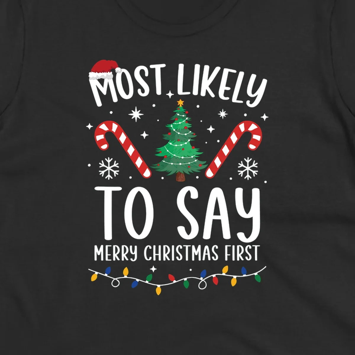 Most Likely To Say Merry Christmas First text with Christmas tree, candy canes, and Santa hat. Merry Christmas First keyword.