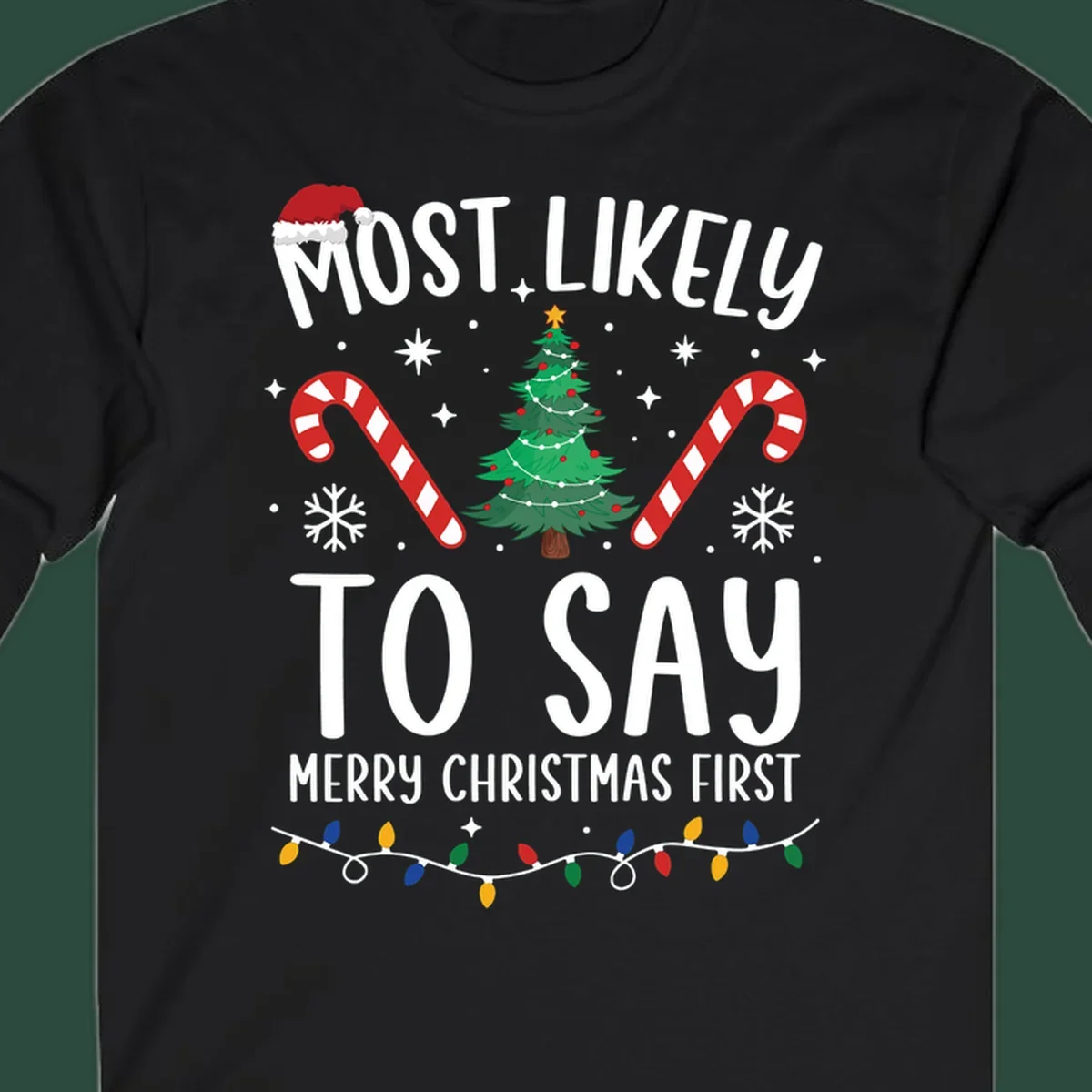 Most Likely To Say Merry Christmas First text with Christmas tree, candy canes, and Santa hat. Merry Christmas First keyword.