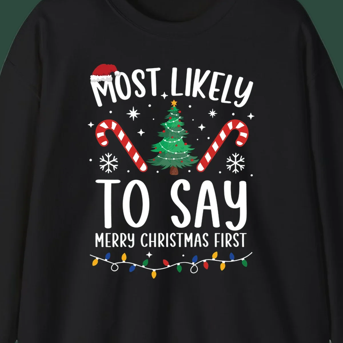 Most Likely To Say Merry Christmas First text with Christmas tree, candy canes, and Santa hat. Merry Christmas First keyword.