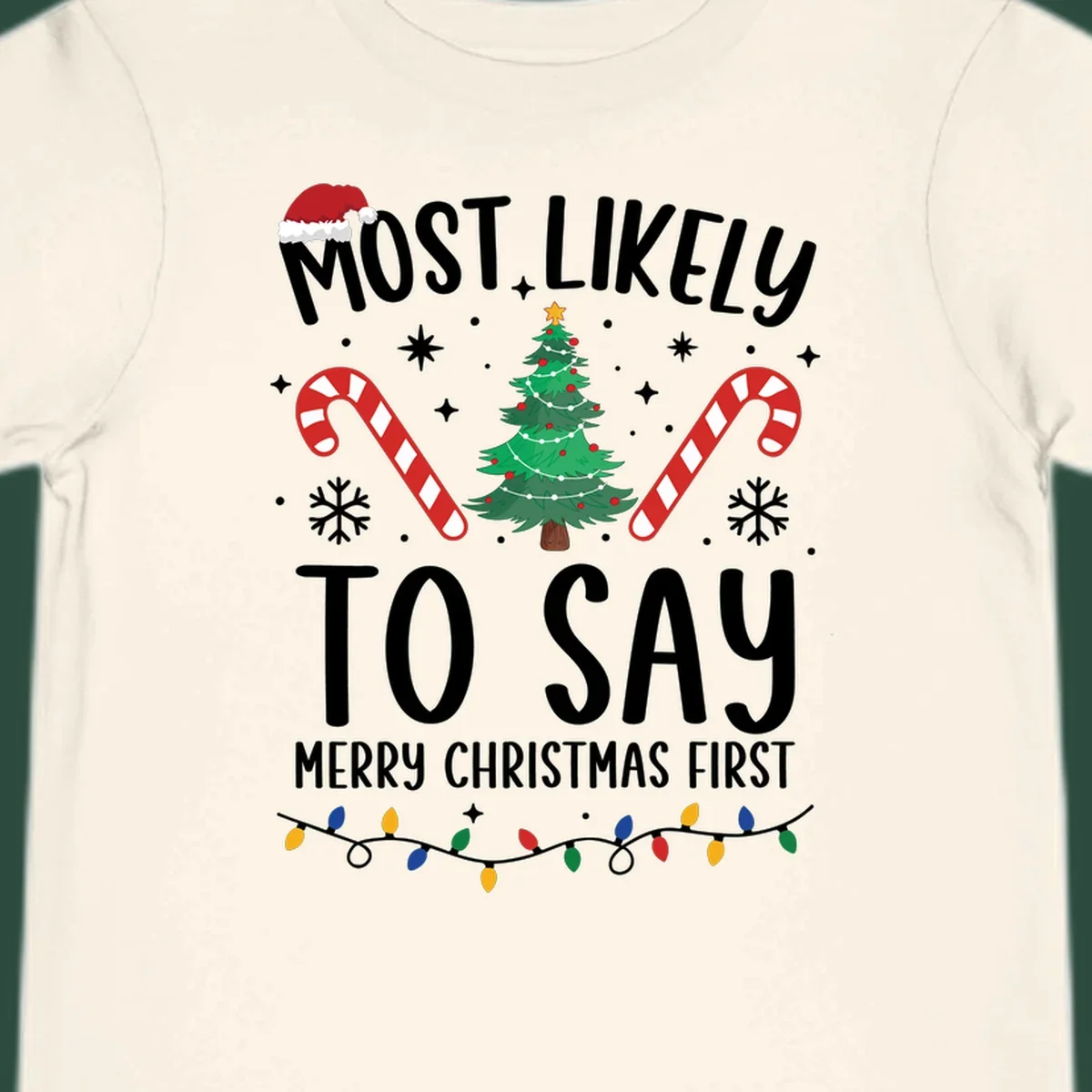 Most Likely To Say Merry Christmas First text with Christmas tree, candy canes, and Santa hat. Merry Christmas First keyword.