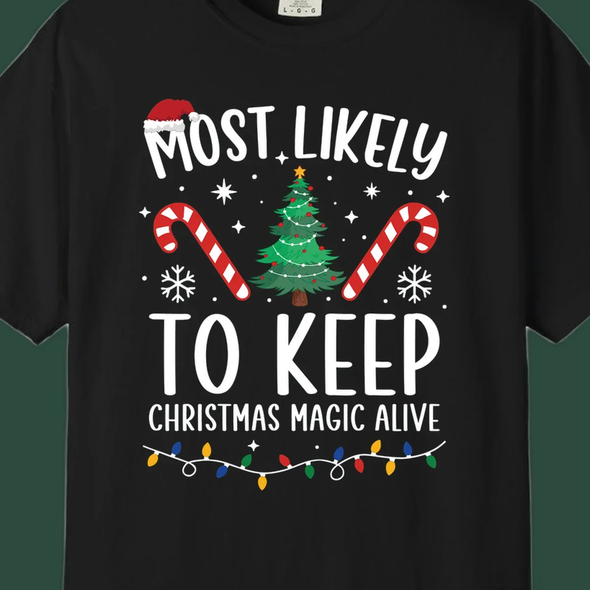 Text reads 'Most Likely To Keep Christmas Magic Alive' with festive Christmas graphics like a Santa hat, tree, and candy canes.