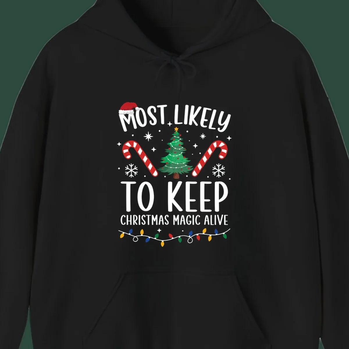 Text reads 'Most Likely To Keep Christmas Magic Alive' with festive Christmas graphics like a Santa hat, tree, and candy canes.