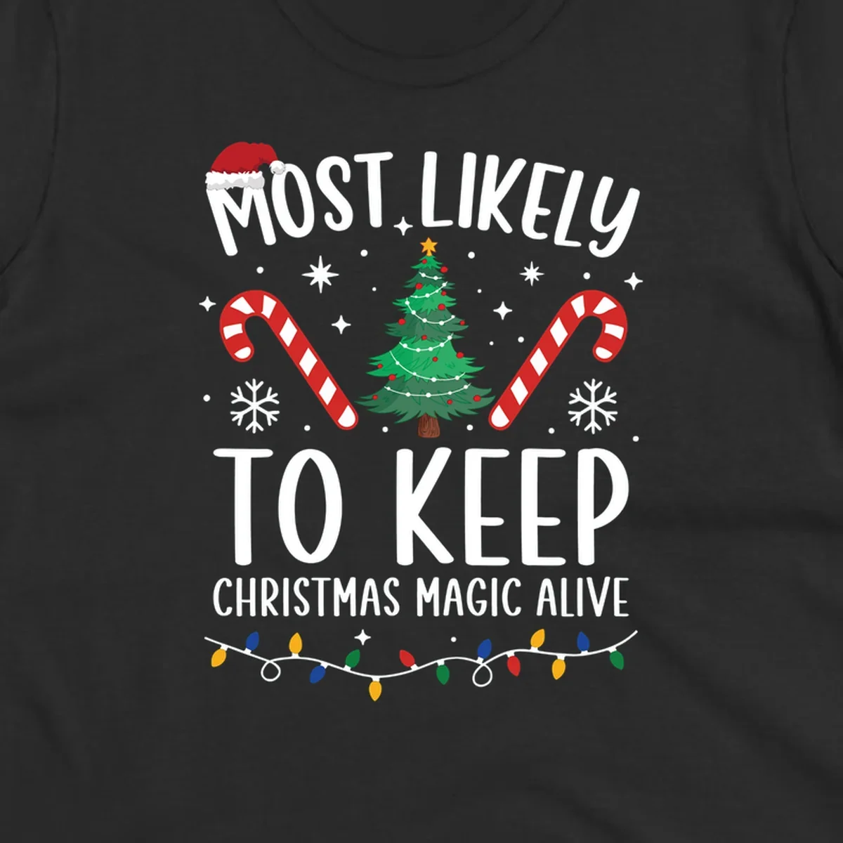 Text reads 'Most Likely To Keep Christmas Magic Alive' with festive Christmas graphics like a Santa hat, tree, and candy canes.