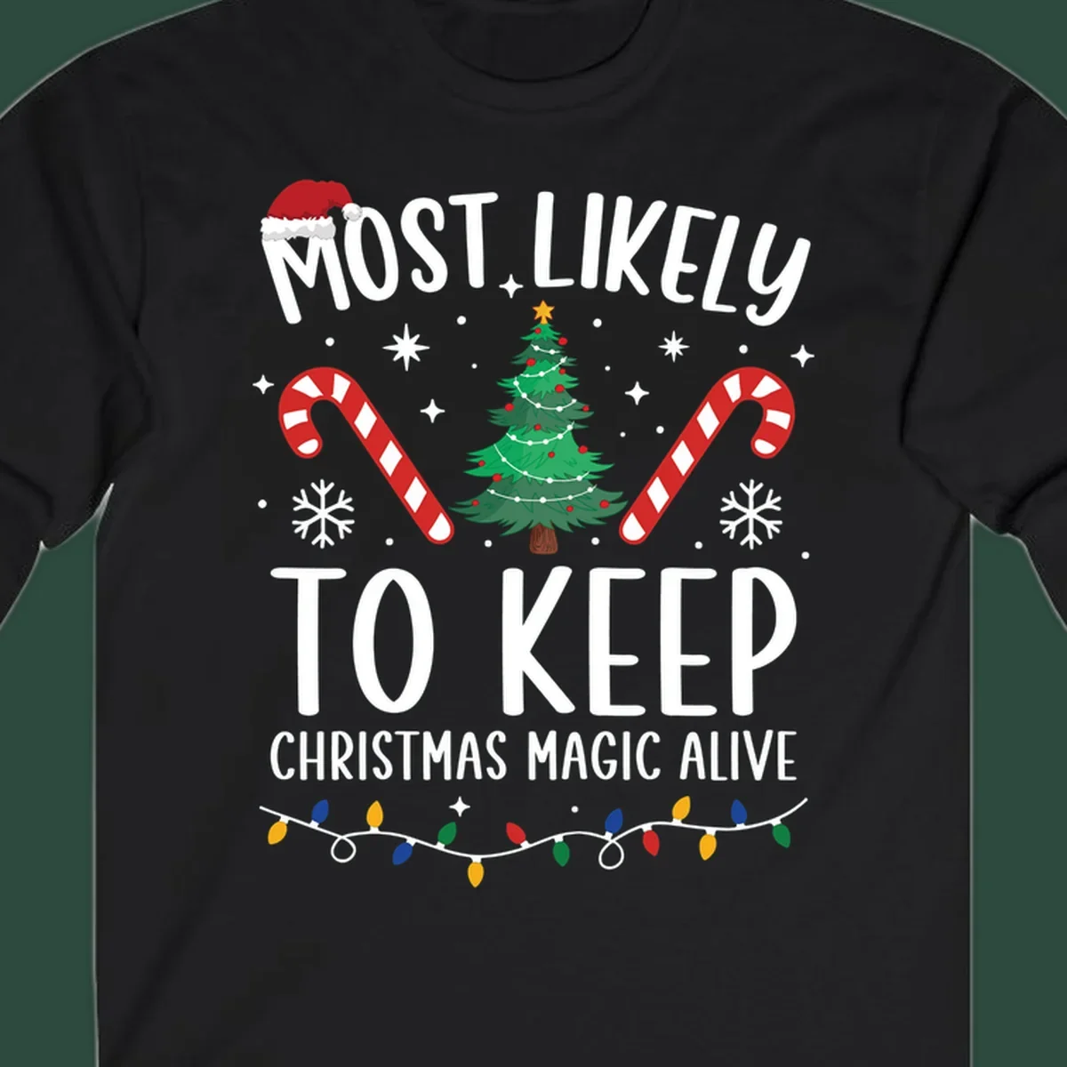 Text reads 'Most Likely To Keep Christmas Magic Alive' with festive Christmas graphics like a Santa hat, tree, and candy canes.