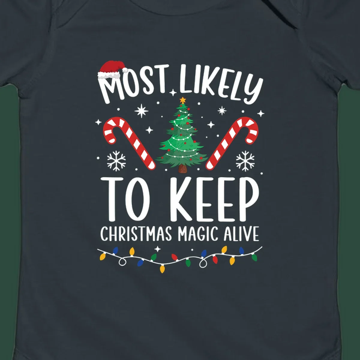 Text reads 'Most Likely To Keep Christmas Magic Alive' with festive Christmas graphics like a Santa hat, tree, and candy canes.