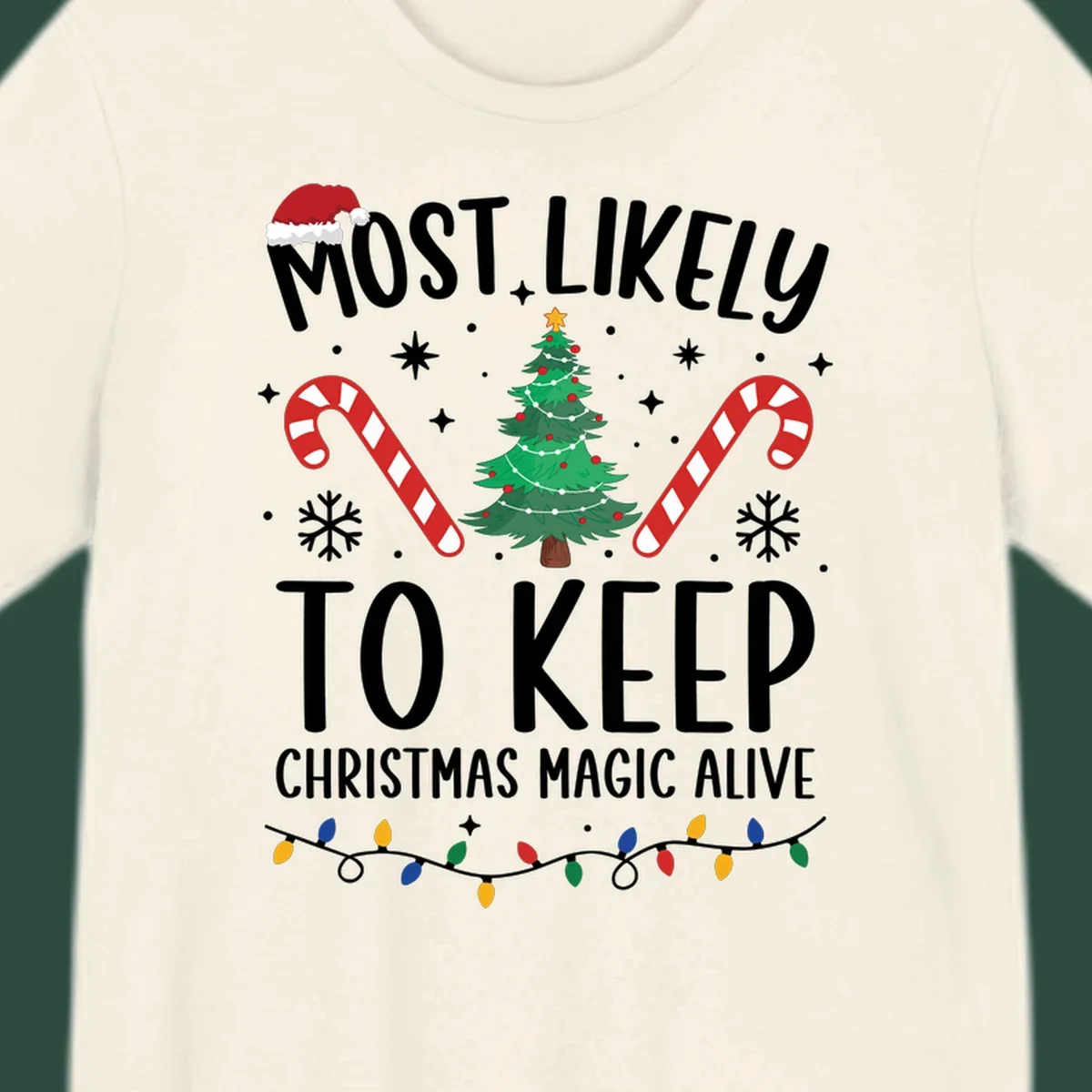 Text reads 'Most Likely To Keep Christmas Magic Alive' with festive Christmas graphics like a Santa hat, tree, and candy canes.