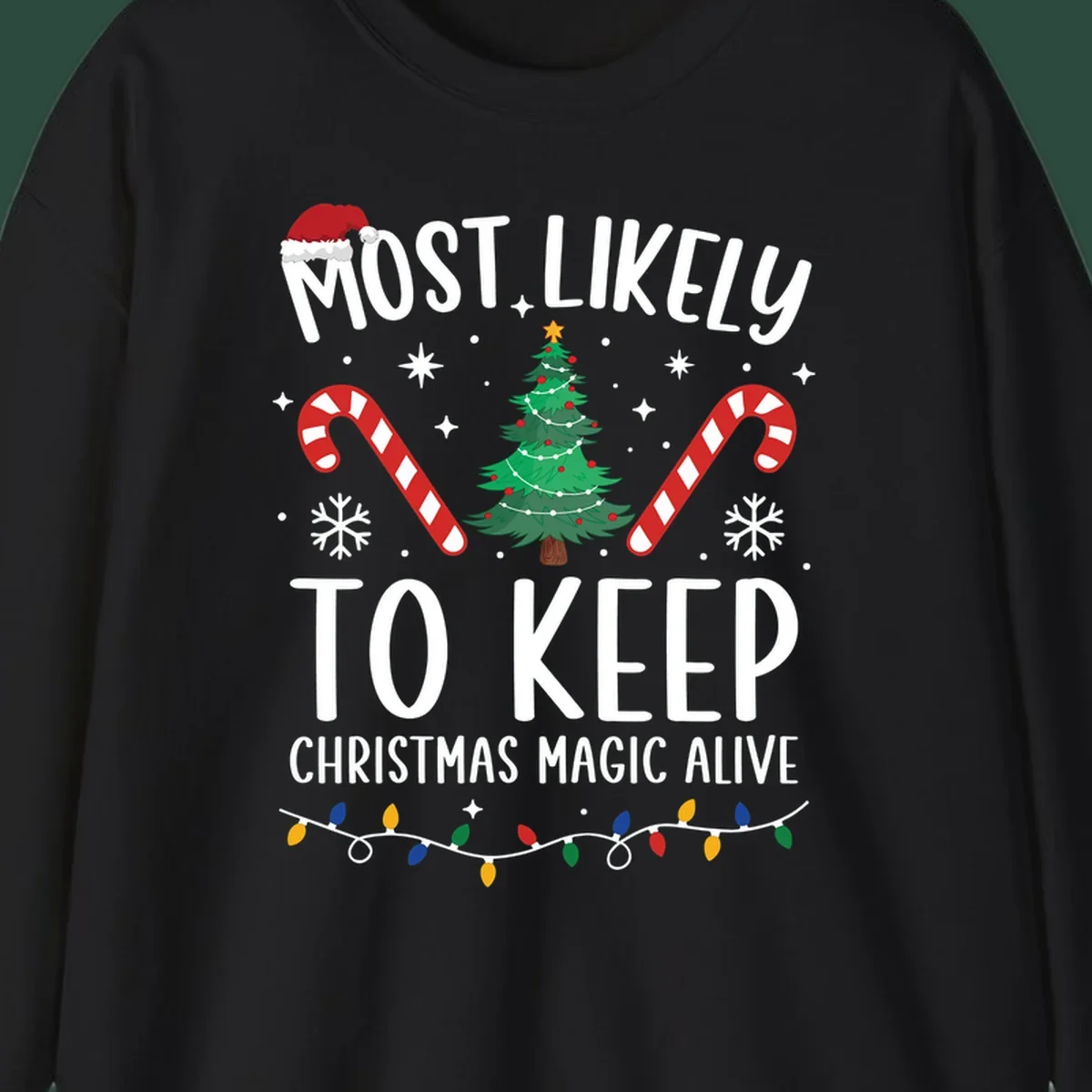 Text reads 'Most Likely To Keep Christmas Magic Alive' with festive Christmas graphics like a Santa hat, tree, and candy canes.