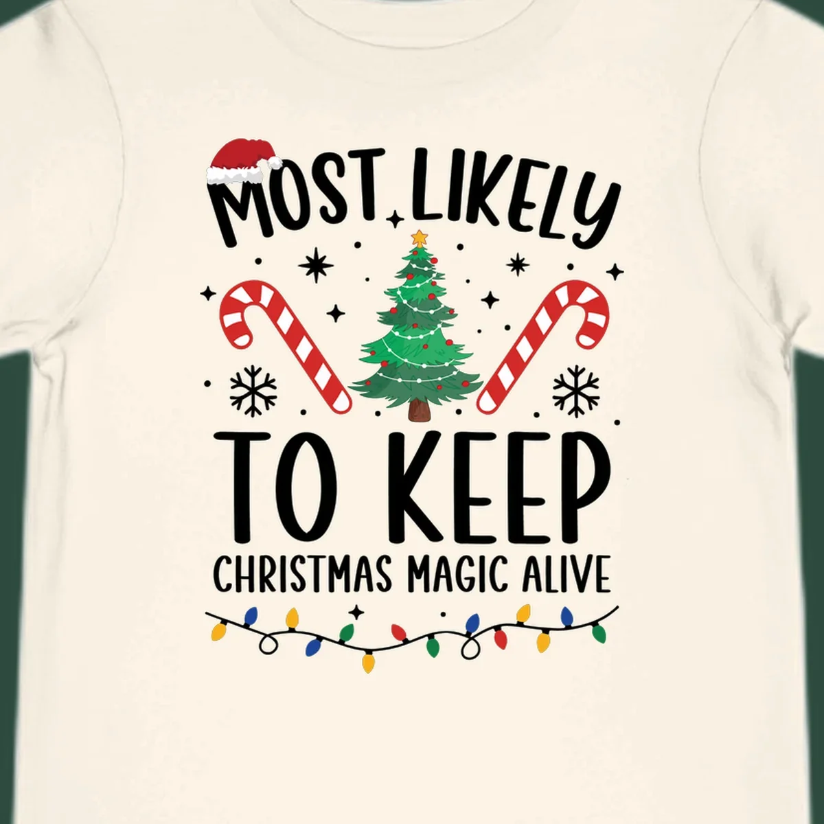 Text reads 'Most Likely To Keep Christmas Magic Alive' with festive Christmas graphics like a Santa hat, tree, and candy canes.