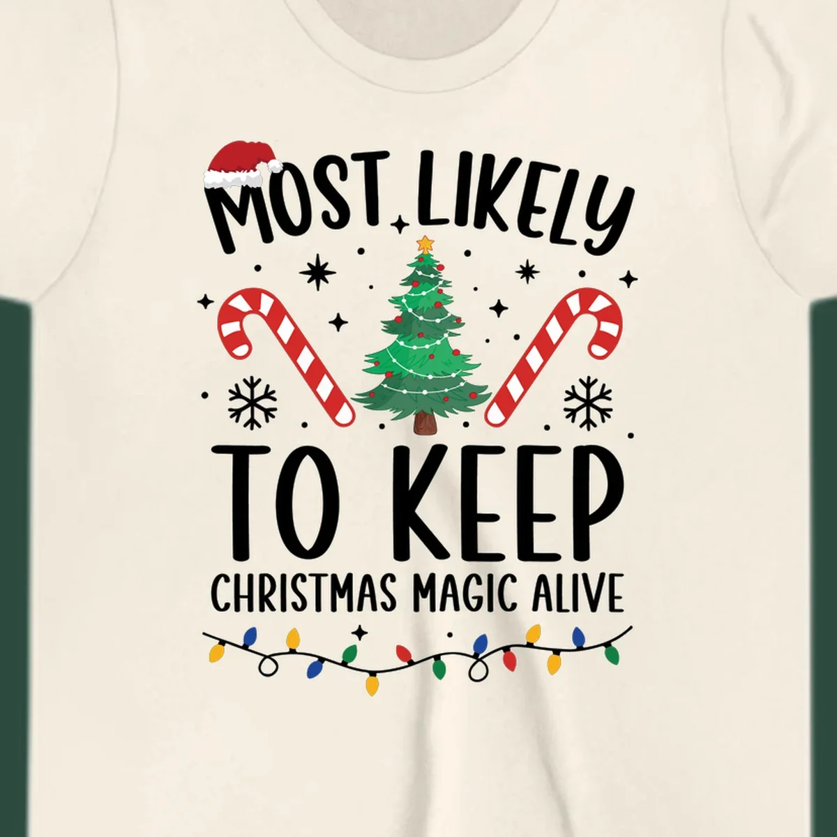 Text reads 'Most Likely To Keep Christmas Magic Alive' with festive Christmas graphics like a Santa hat, tree, and candy canes.