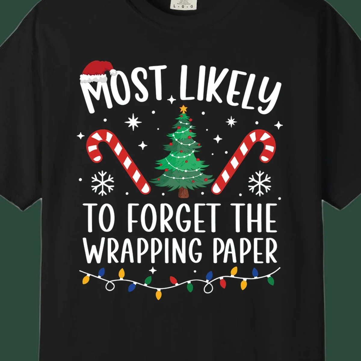 Most Likely To Forget Wrapping Paper Christmas design with text, tree, candy canes, and lights.