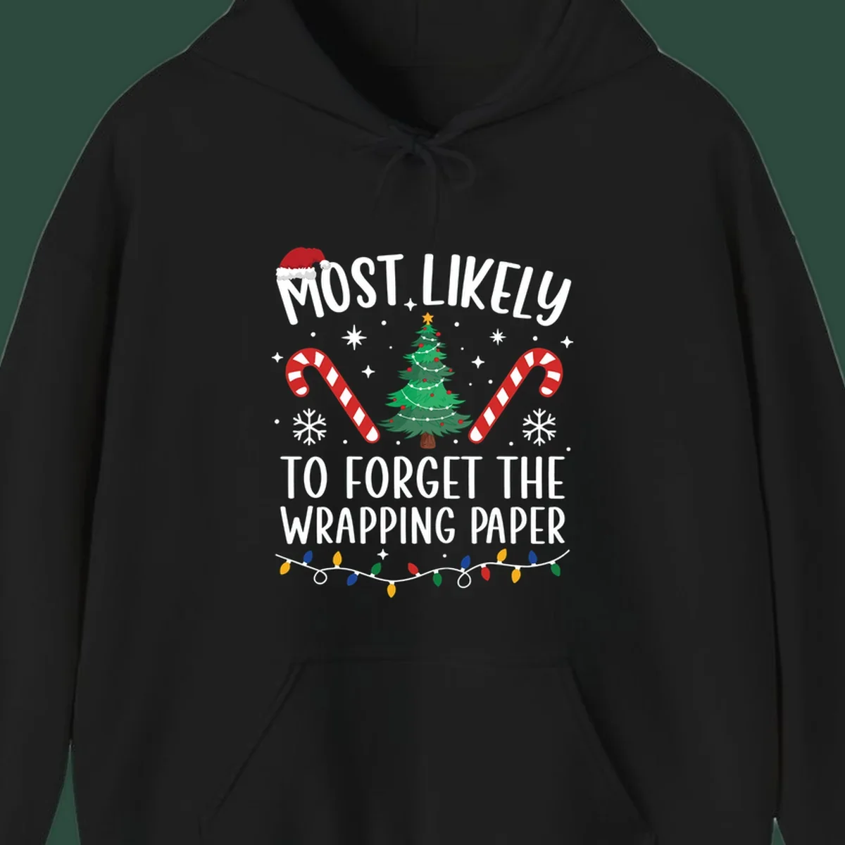 Most Likely To Forget Wrapping Paper Christmas design with text, tree, candy canes, and lights.