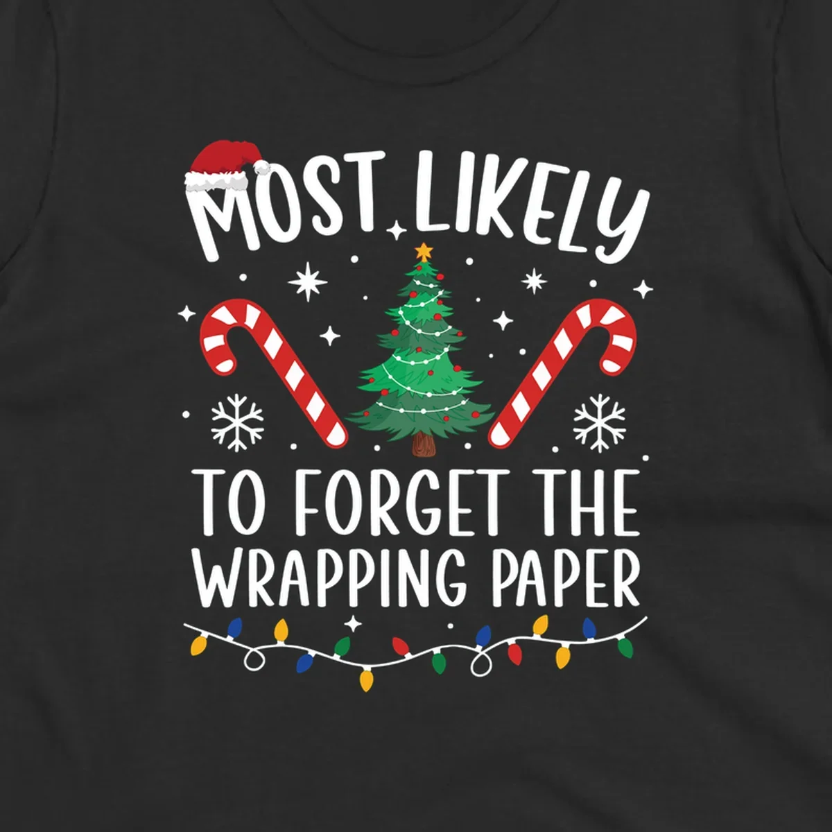Most Likely To Forget Wrapping Paper Christmas design with text, tree, candy canes, and lights.