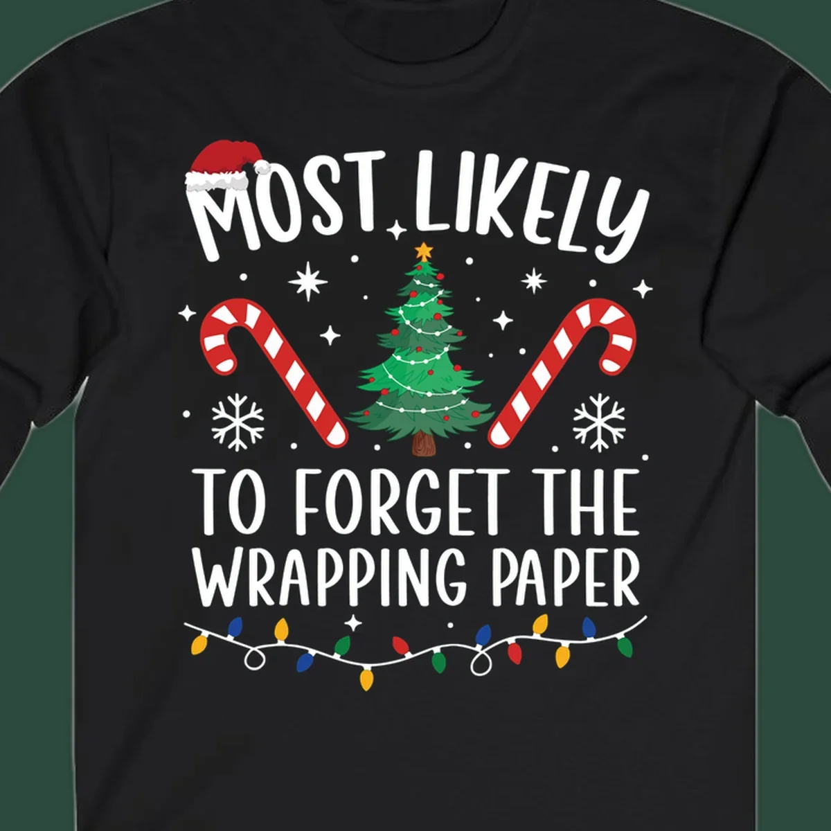 Most Likely To Forget Wrapping Paper Christmas design with text, tree, candy canes, and lights.