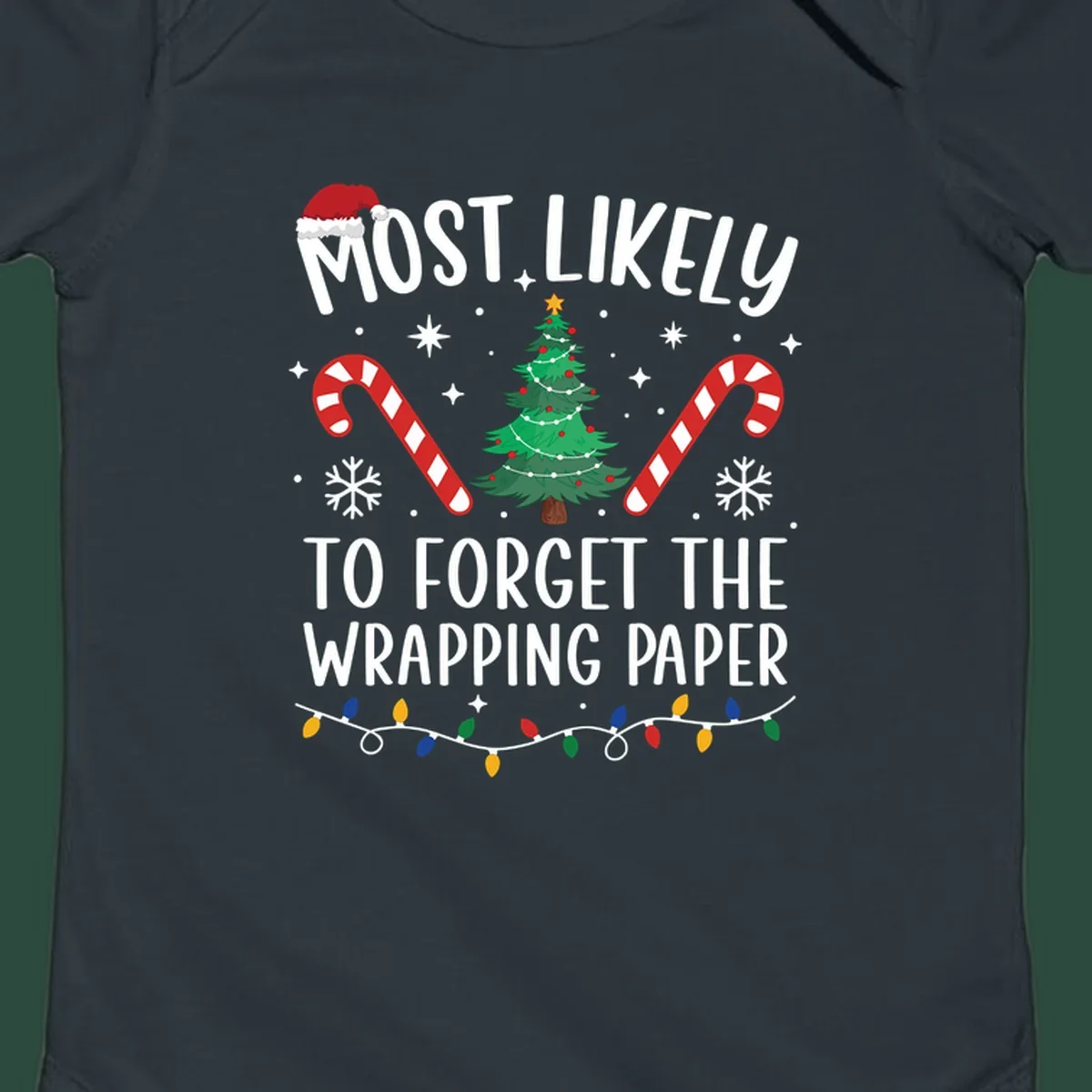 Most Likely To Forget Wrapping Paper Christmas design with text, tree, candy canes, and lights.