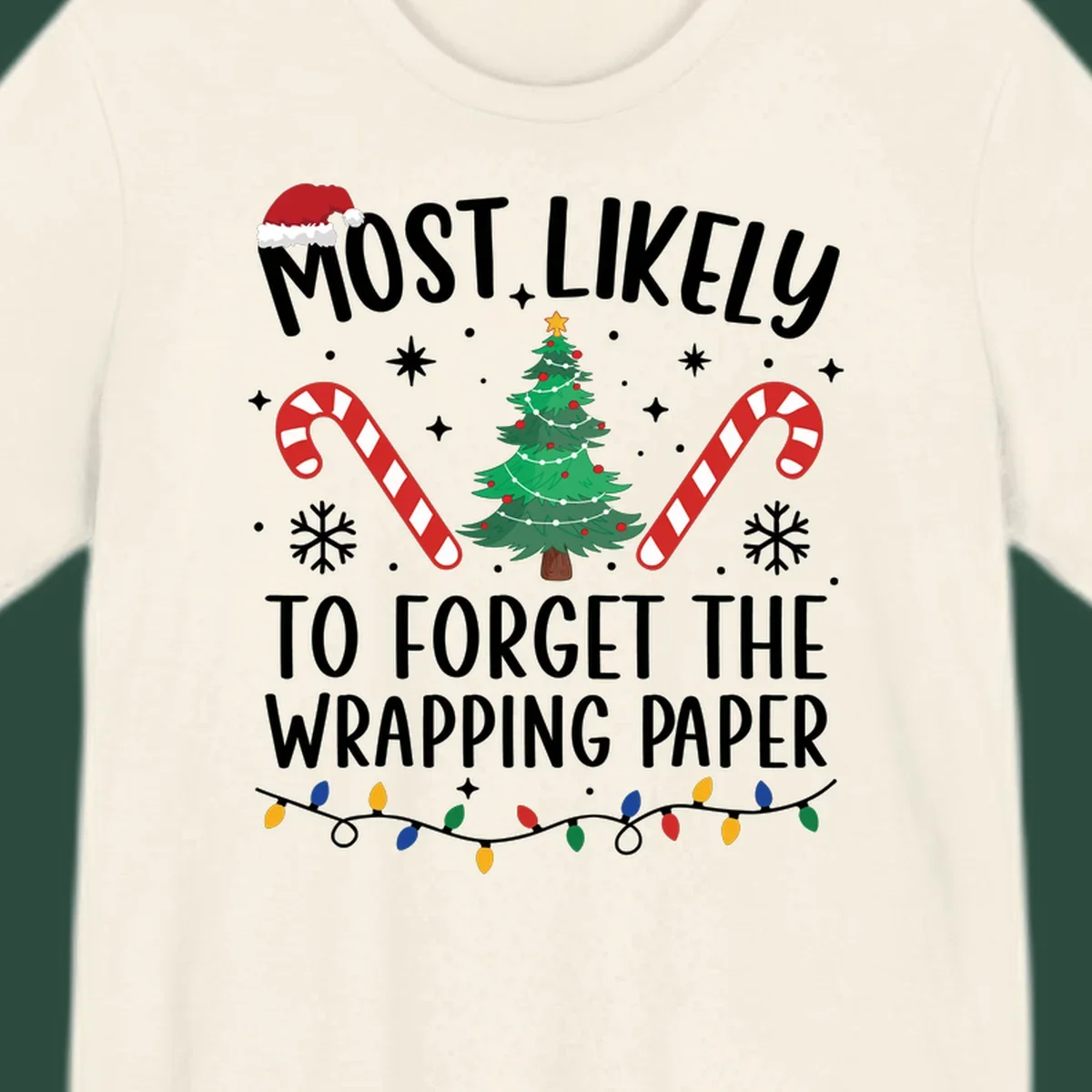 Most Likely To Forget Wrapping Paper Christmas design with text, tree, candy canes, and lights.