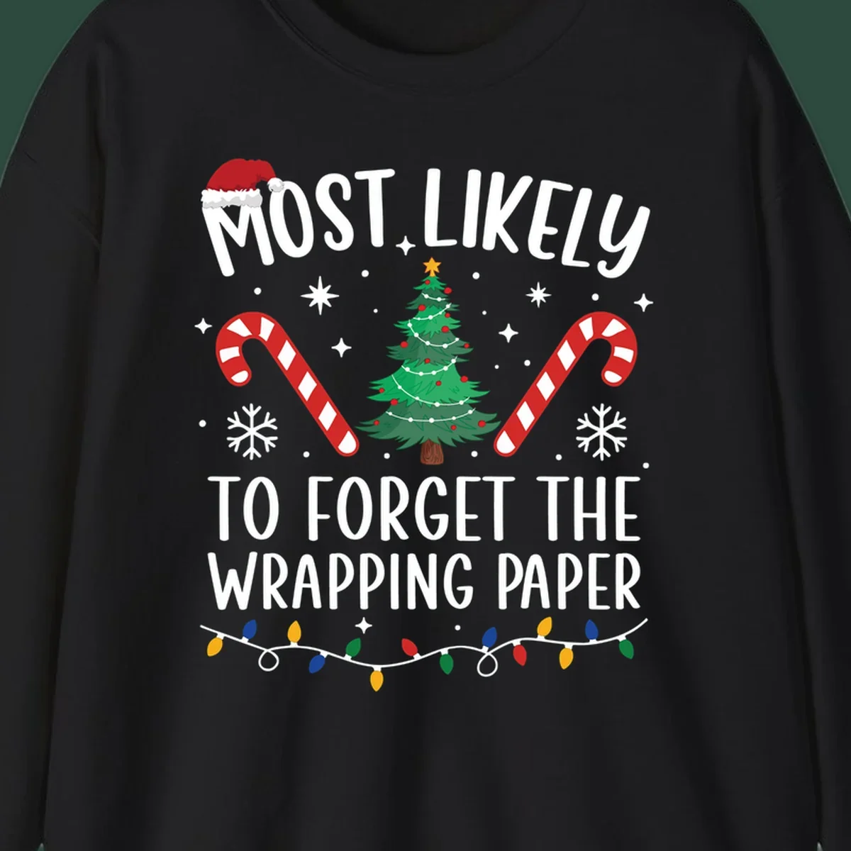Most Likely To Forget Wrapping Paper Christmas design with text, tree, candy canes, and lights.