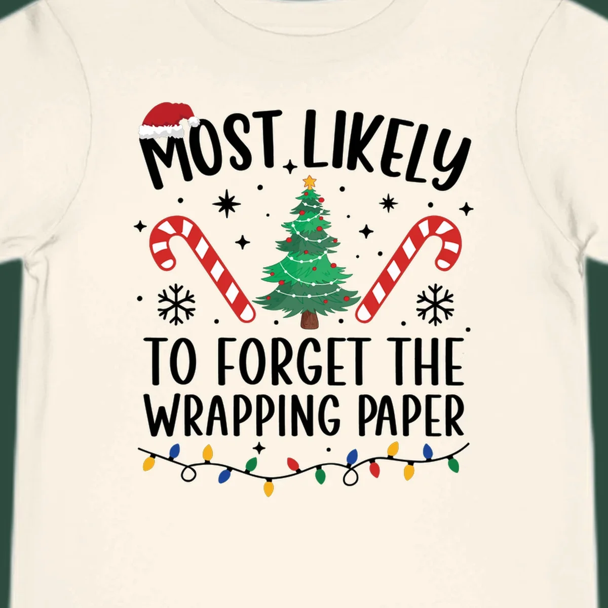 Most Likely To Forget Wrapping Paper Christmas design with text, tree, candy canes, and lights.