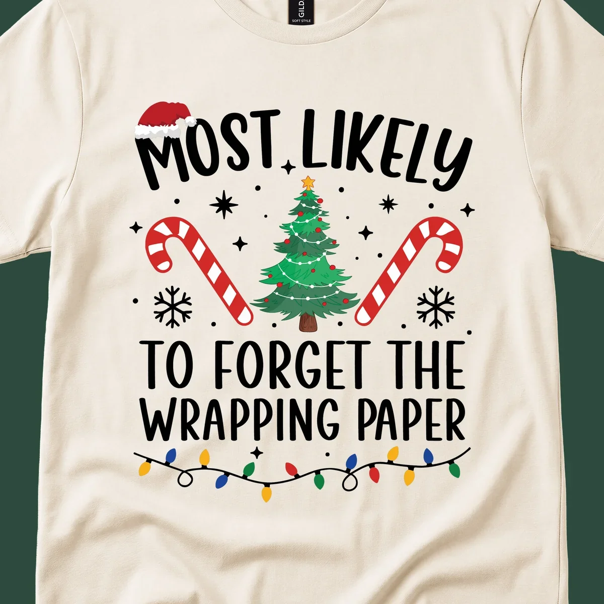 Most Likely To Forget Wrapping Paper Christmas design with text, tree, candy canes, and lights.