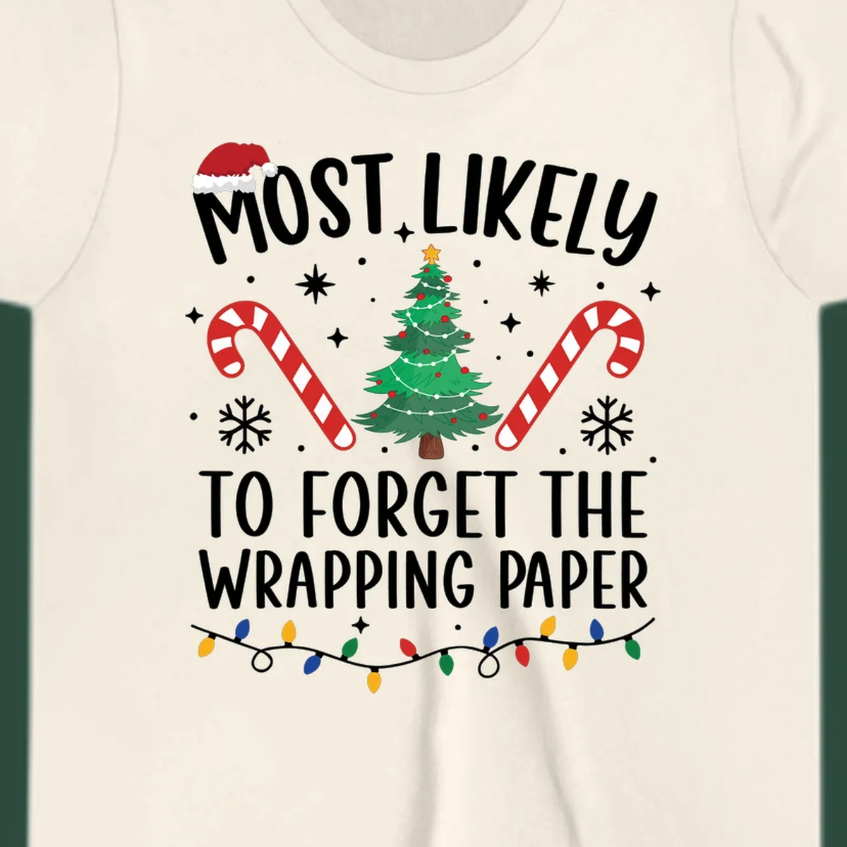 Most Likely To Forget Wrapping Paper Christmas design with text, tree, candy canes, and lights.